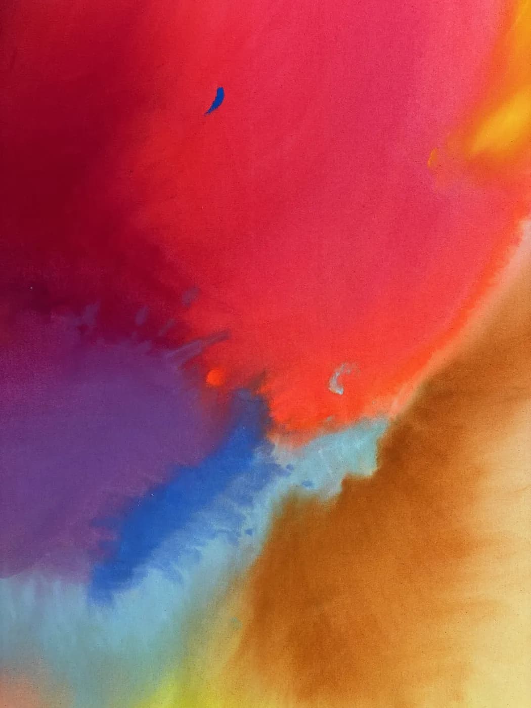 Großformatiges abstraktes Gemälde „Burning“ in feurigen Rot- und Flammentönen mit expressiver Energie, Mischtechnik auf roher Baumwollleinwand, von Theresa Weiss — Detailansicht 2
