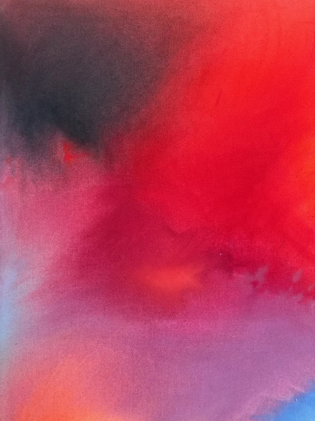 Großformatiges abstraktes Gemälde „Burning“ in feurigen Rot- und Flammentönen mit expressiver Energie, Mischtechnik auf roher Baumwollleinwand, von Theresa Weiss — Detailansicht 3