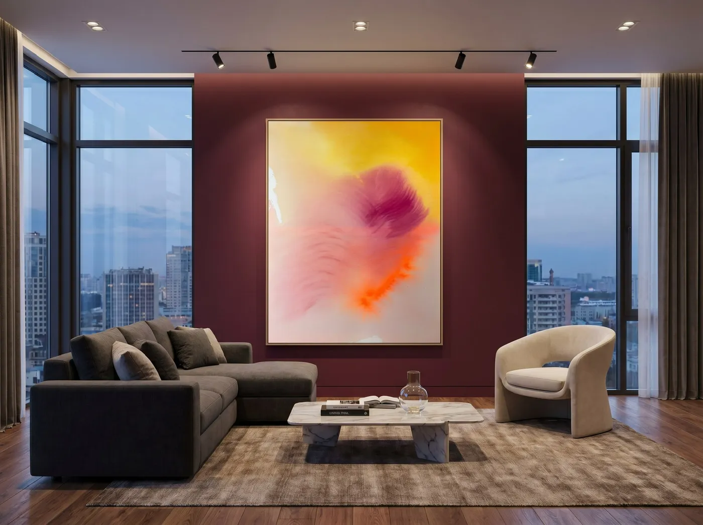 Großformatiges abstraktes Gemälde „Ember Feather“ in glühenden Rot-, Orange- und Gluttönen mit federartiger Form, Mischtechnik auf roher Baumwollleinwand, von Theresa Weiss — Detailansicht 1